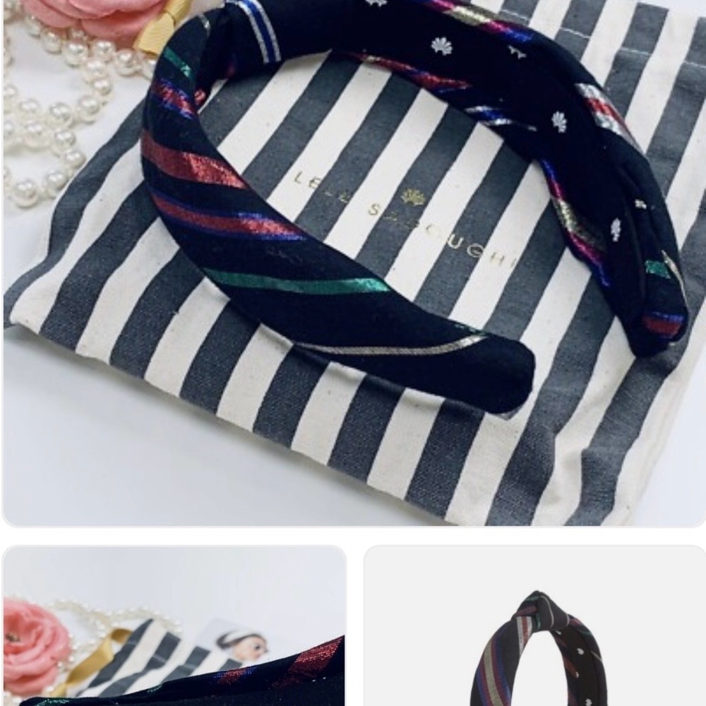 Lele Sadoughi Black Headband with Metallic Red, Green, Blue & Silver Stripes